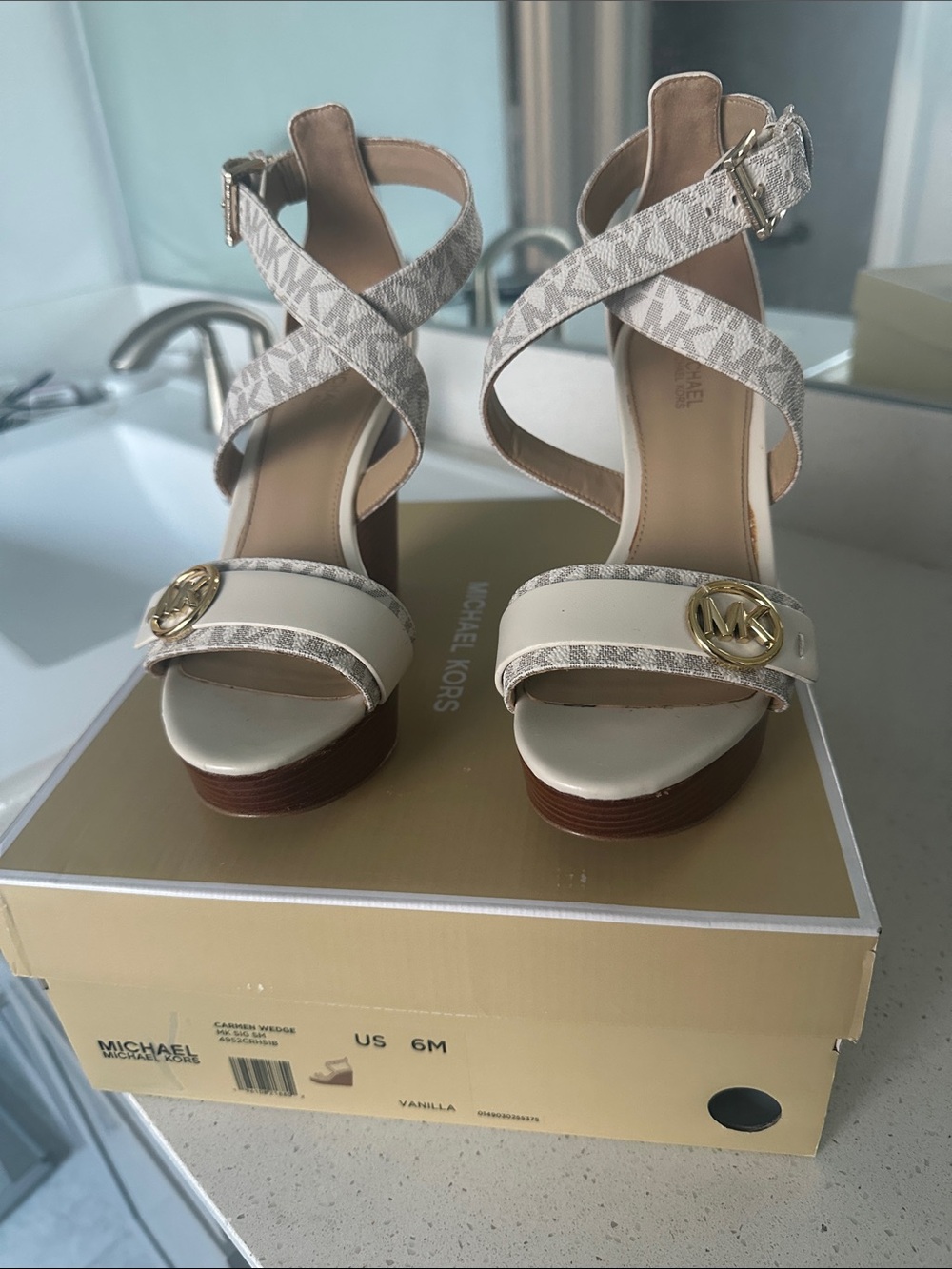 Michael Kors Cream and Tan Crisscross Platform Heels
